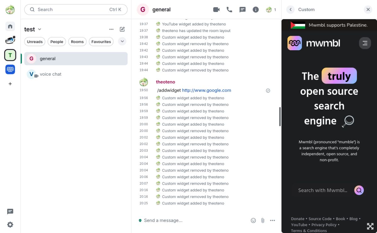 mwmbl embedded as a widget in Element on Steam Deck
